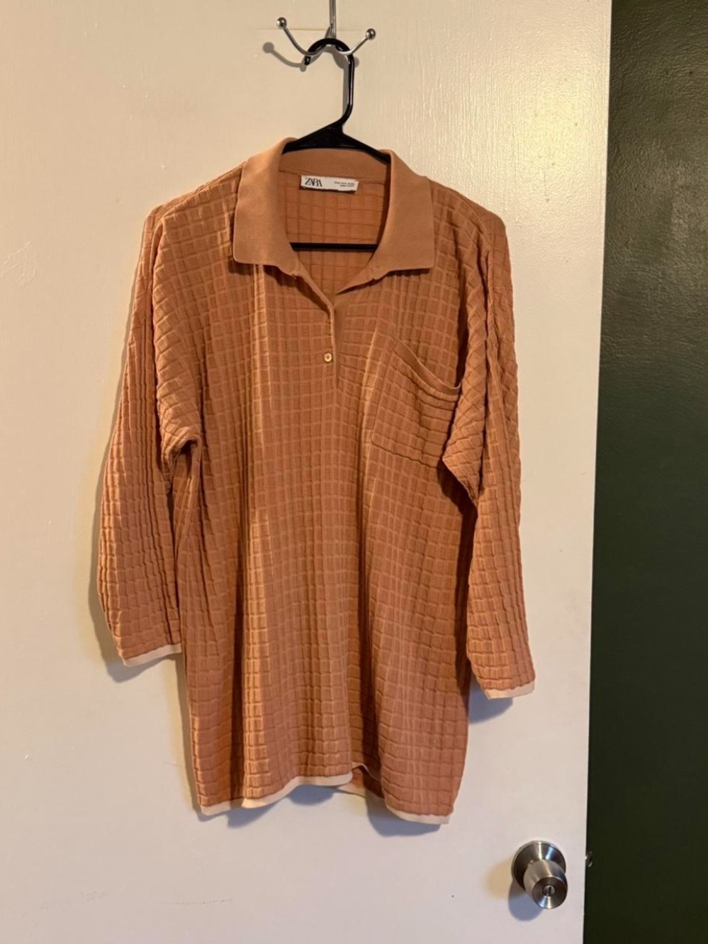 zara mens tan textured knit sweater 3/4 button down collared top 
size small
